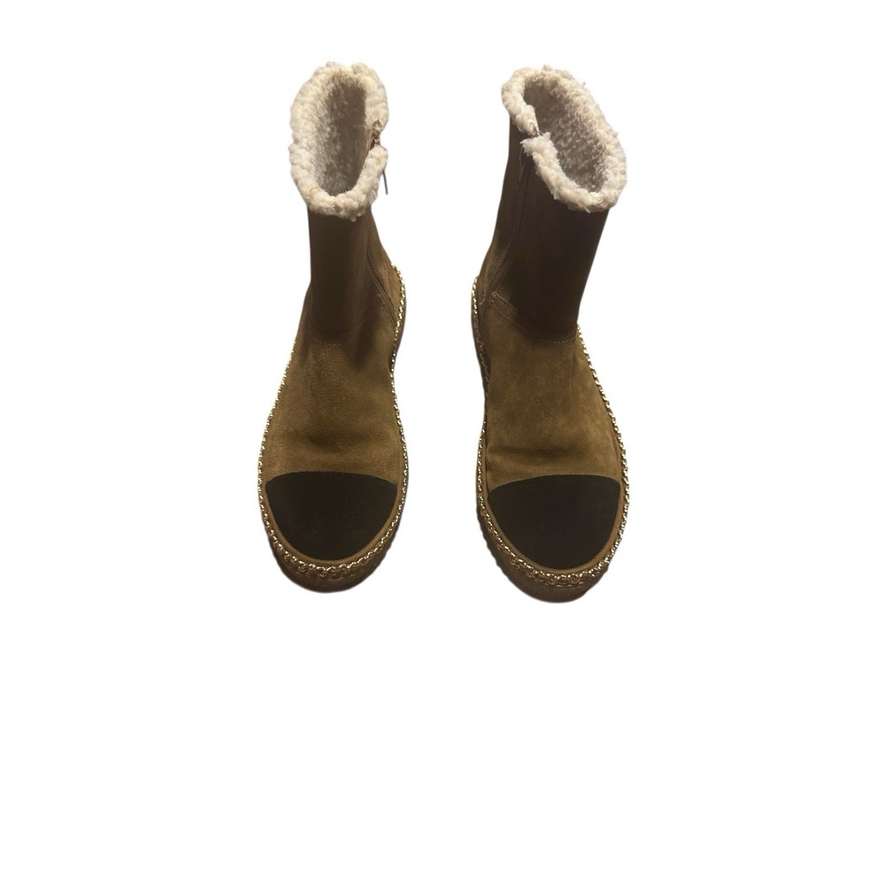 Steve Madden Brown Suede Sherling Woman's Size 6 Boots Gold Chain Embellishments